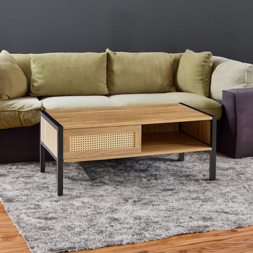 Rattan Coffee table, sliding door for storage, metal legs, Modern table for living room , natural